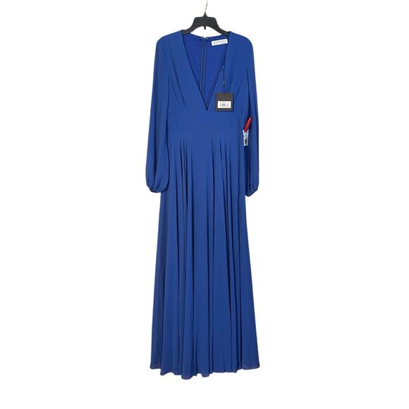 Mac Duggal NWT Size 10 55682 Royal Blue V-Neck Illusion Long Sleeve Chiffon Gown - Picture 3 of 10